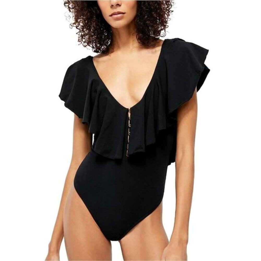 Free People Matilda Black ruffle Bodysuit SZ XS New